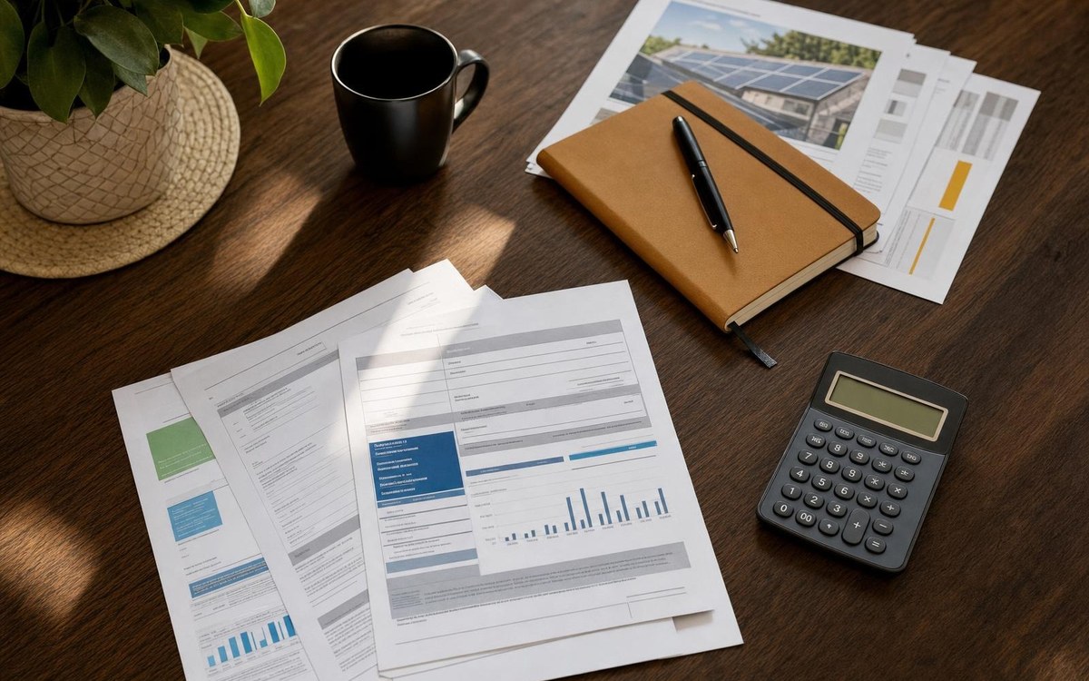 Reviewing standby billing records Generic utility billing records and solar documents beside a calculator on a Virginia homeowner's desk.