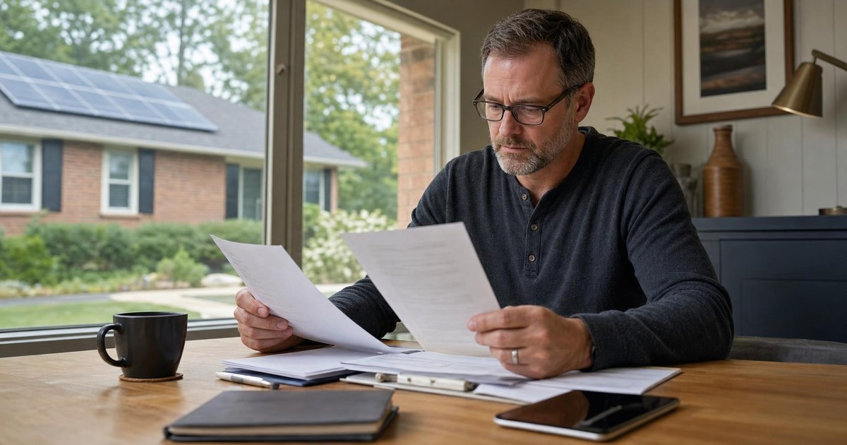 Virginia homeowner reviewing solar bills in a brick suburban home with rooftop solar panels visible outside.